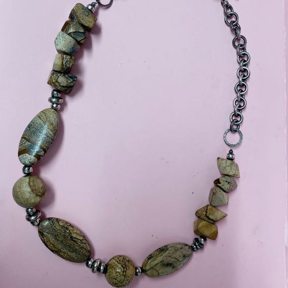 Sterling Silver Big Links Chain and Chunky Jasper Beads Necklace - Picture 2 of 4